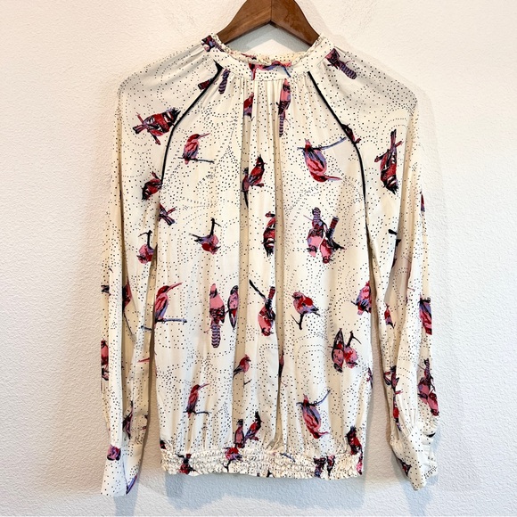 Second Female Birdie Blouse S Cream Bird Print Smocked Hem Boho Cottagecore - Picture 1 of 12